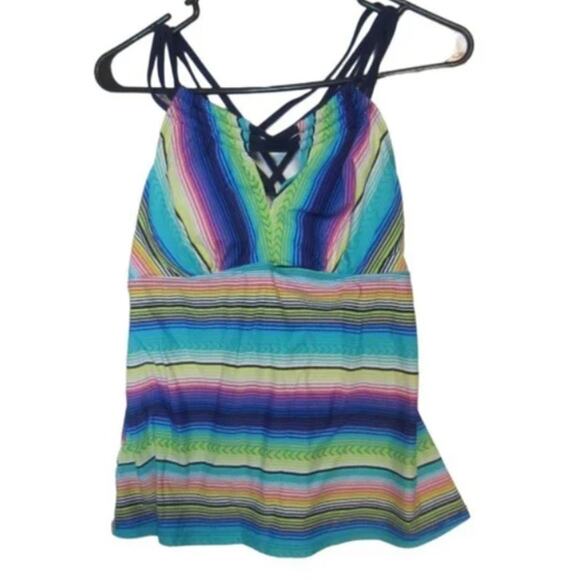 Boho Festival Bright Multicolor Striped Tankini Swim Top Size Large - Picture 2 of 7